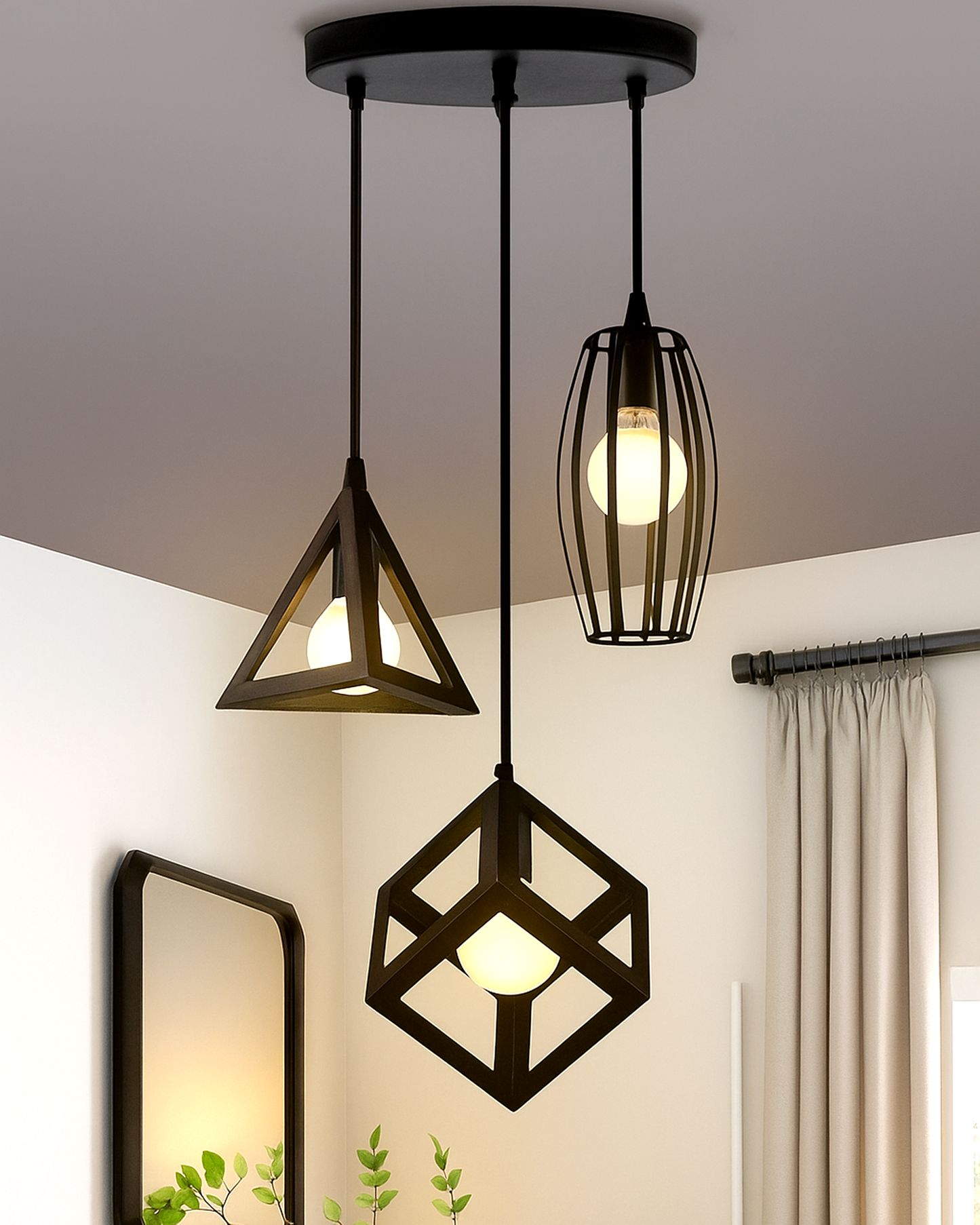 Chandelier Pendant Light, Retro Industrial Style Nordic Iron Hanging Ceiling Creative Bar Counter Decoration Restaurant Black Lighting, Cube, Triangle, Oval