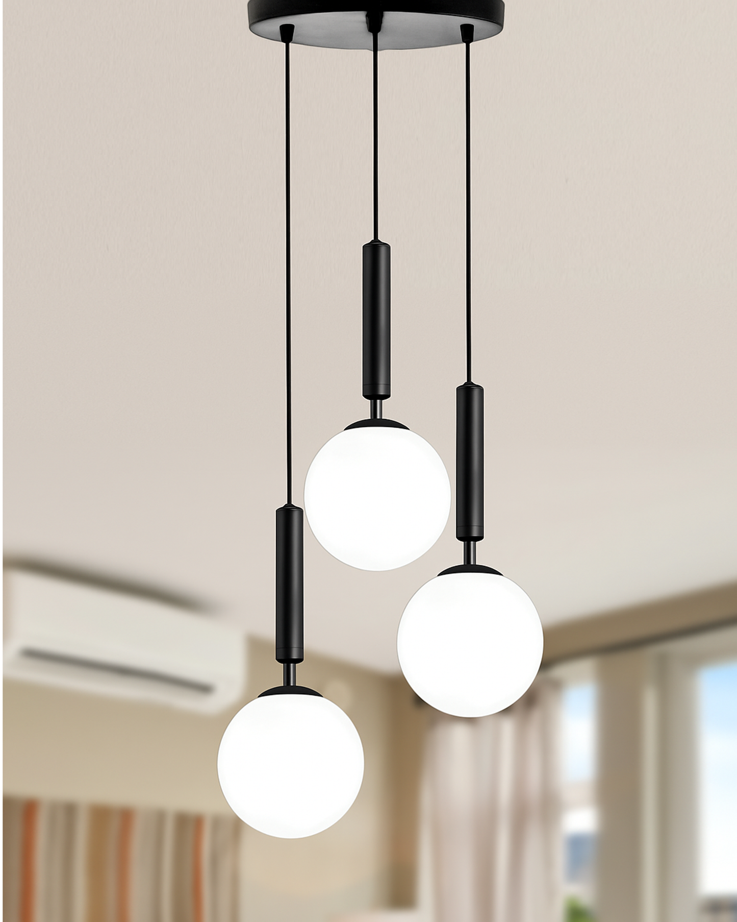 Chandelier Pendant Light, Retro Industrial Style Nordic Glass Hanging Ceiling Creative Bar Counter Decoration Restaurant Black Lighting with Metal Tube, Frosty Globe