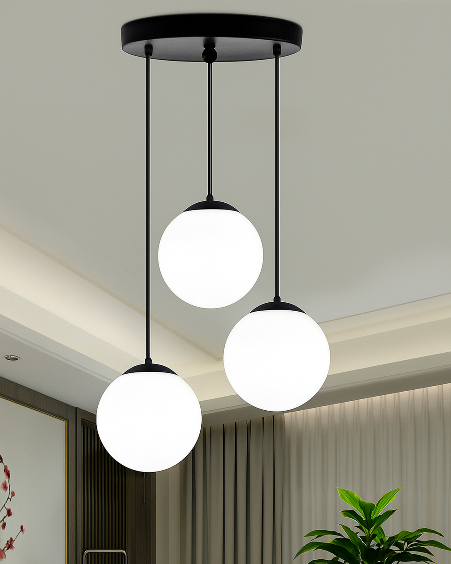 Chandelier Pendant Light, Retro Industrial Style Nordic Glass Hanging Ceiling Creative Bar Counter Decoration Restaurant Black Lighting with Metal Tube, Frosty Globe
