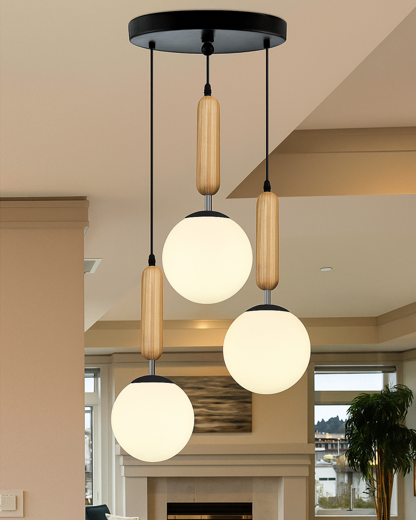 Chandelier Pendant Light, Retro Industrial Style Nordic Glass Hanging Ceiling Creative Bar Counter Decoration Restaurant Black Lighting with Metal Tube, Frosty Globe