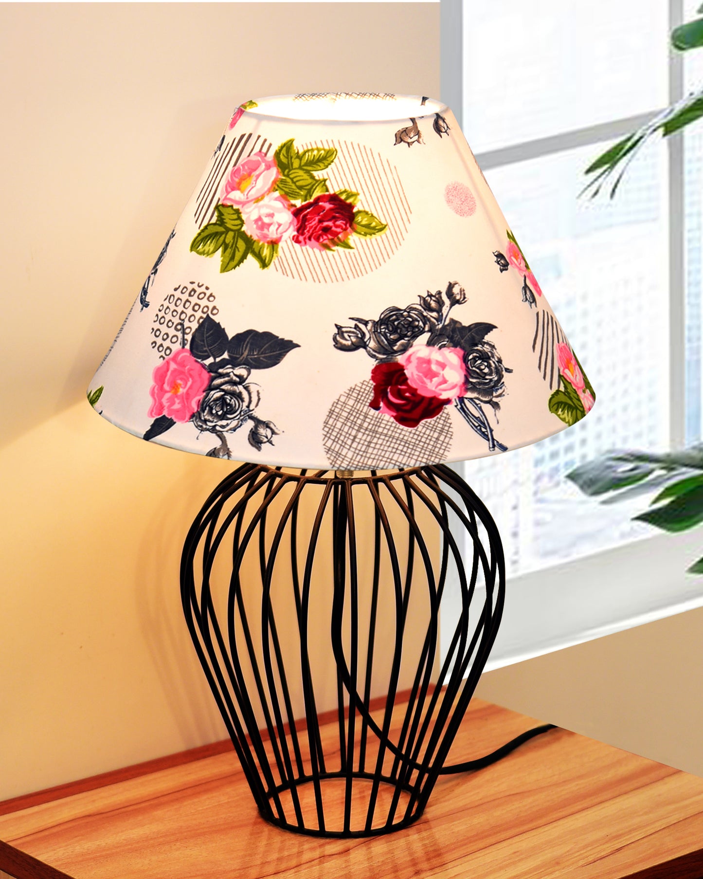 Black Bedside Table Lamp,Small Nightstand Lamp for Bedroom,Modern Desk Lamp with Fabric Shade Geometric Metal Base for Living Room Study Office Farmhouse, Wire Tulip, Hibiscus Cone