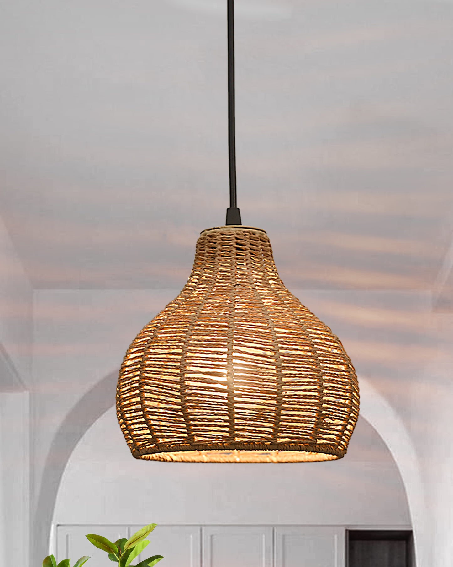 Seagrass Chandelier Hanging Lamp Natural Rattan Weaving Single Light Fixture Rustic Pendant Light for Kitchen Dining Room Restaurants Bars, Natural Texture, Bottle