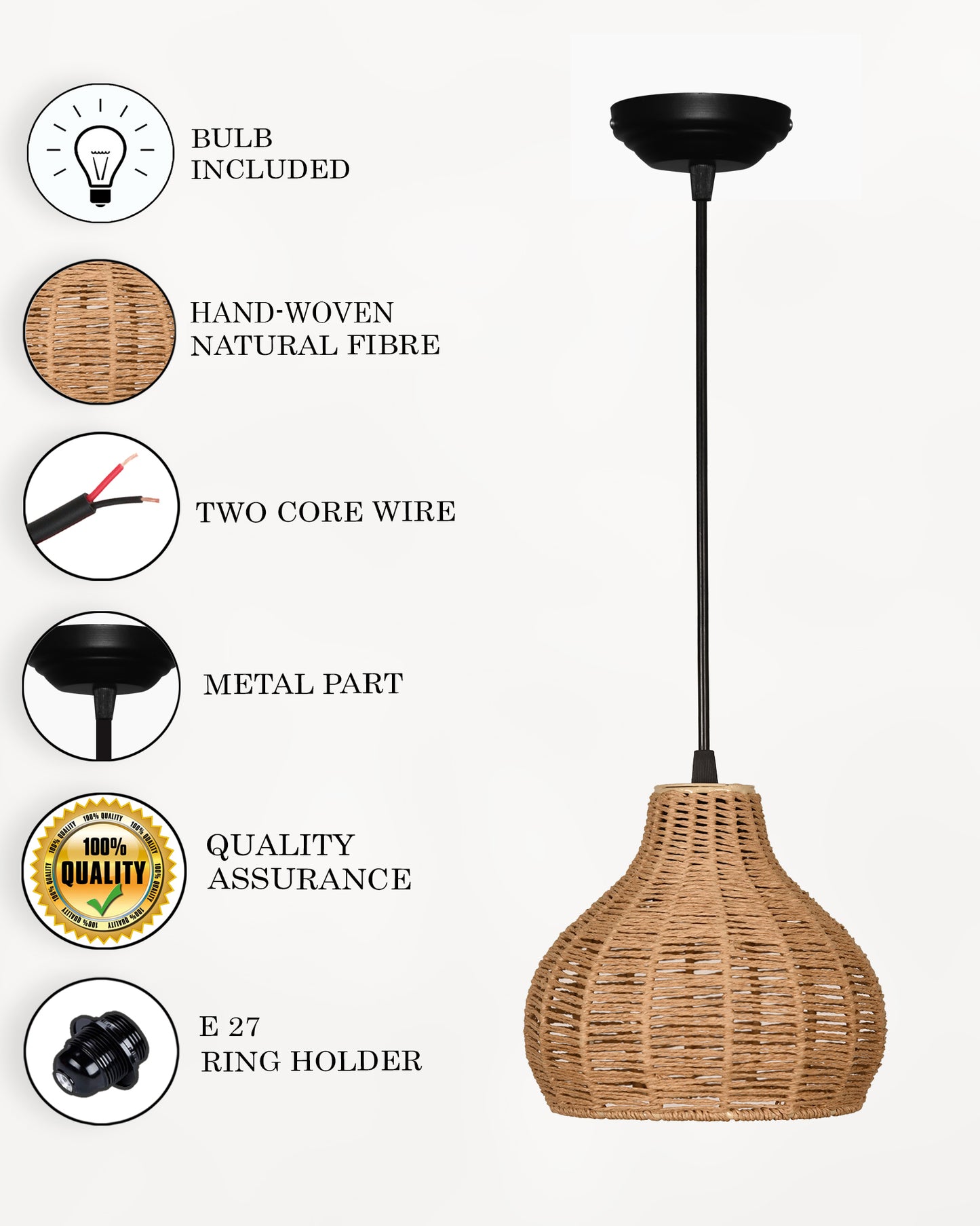 Seagrass Chandelier Hanging Lamp Natural Rattan Weaving Single Light Fixture Rustic Pendant Light for Kitchen Dining Room Restaurants Bars, Natural Texture, Bottle