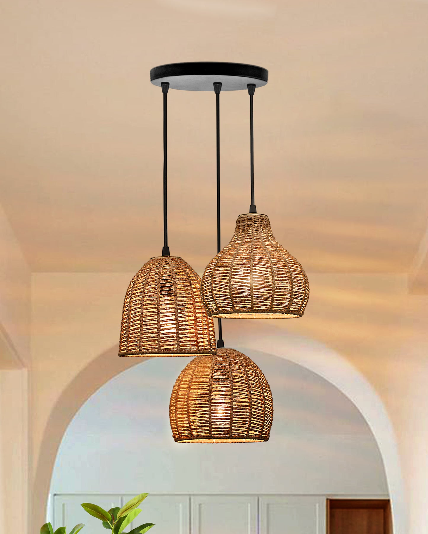 Seagrass Chandelier Hanging Lamp Natural Rattan Weaving Single Light Fixture Rustic Pendant Light for Kitchen Dining Room Restaurants Bars, Natural Texture, Bottle