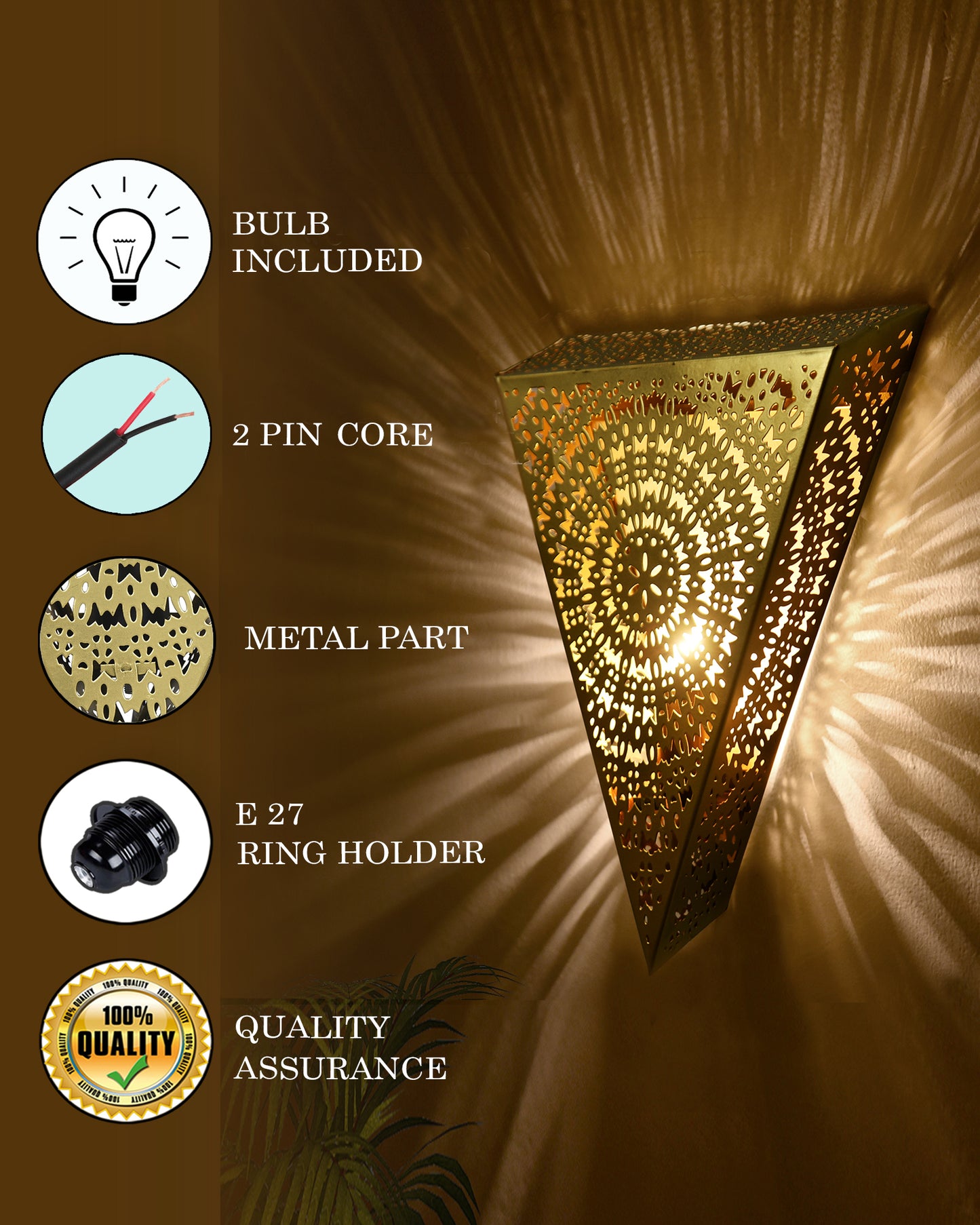 Turkish Moroccan Wall Sconce Lamp, Vintage Hand Carved Metal Wall Light, Wall Mounted Porch Light, Brass Finish for Home,Villa, Kitchen, Restaurant, Triangle