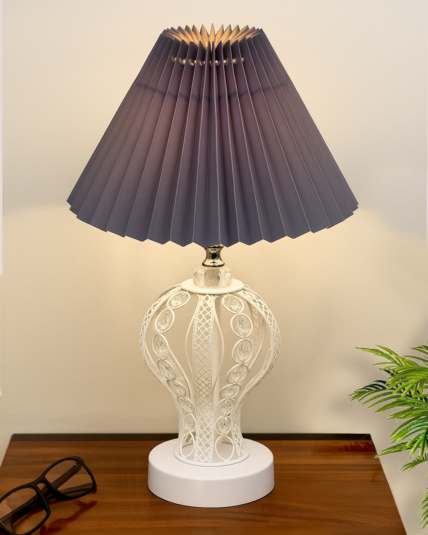 Modern Round Small Crystal Table Lamp,Contemporary Bedroom Bedside Nightstand Lamp,Desk Globe Lamp for Living Room Girls Kids Room, Strippy Vase , Grey Pleated