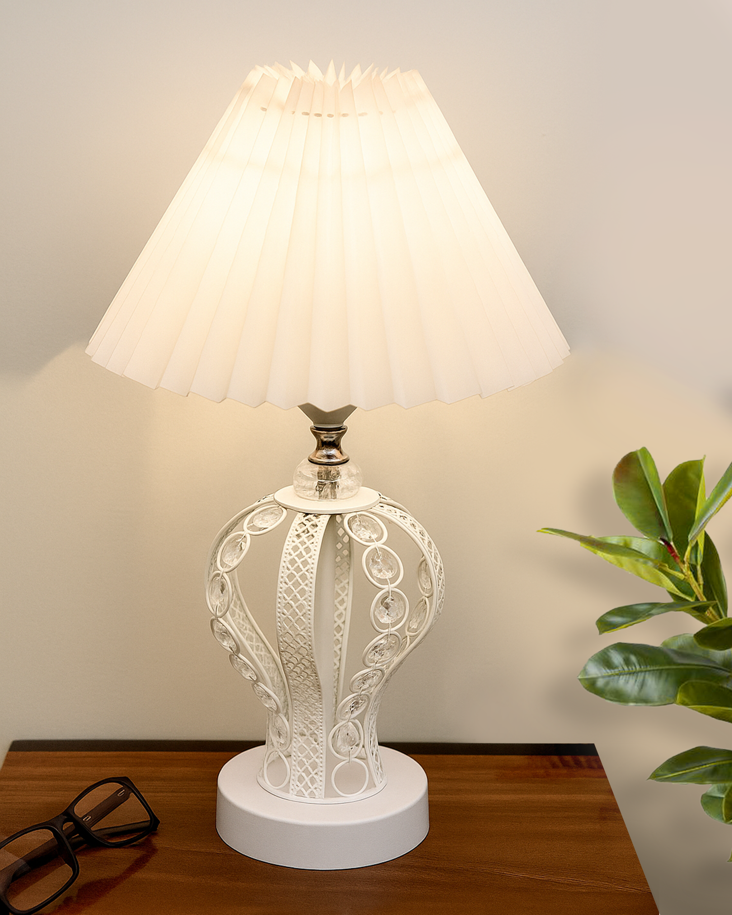 Modern Round Small Crystal Table Lamp,Contemporary Bedroom Bedside Nightstand Lamp,Desk Globe Lamp for Living Room Girls Kids Room, Strippy Vase , Grey Pleated
