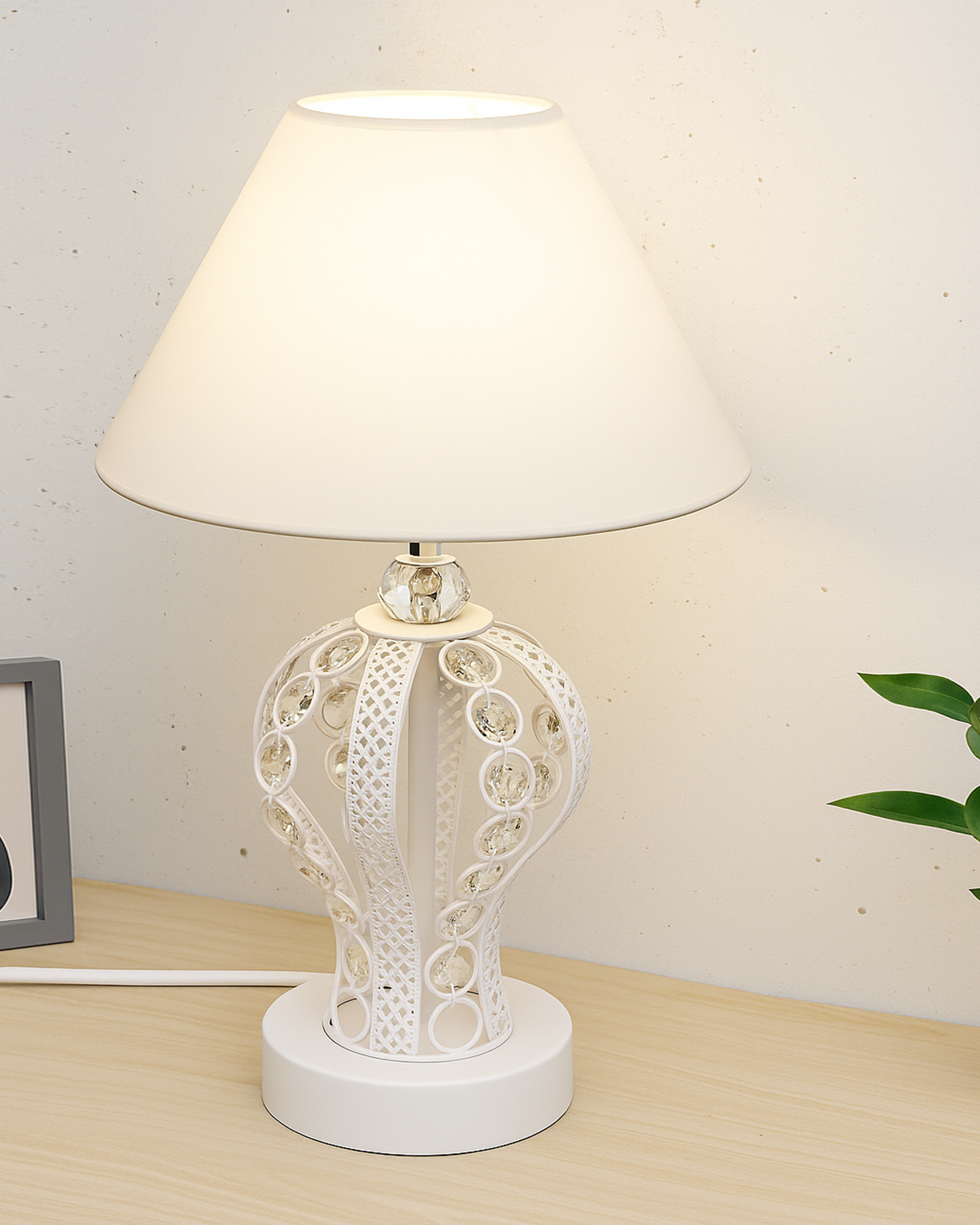 Modern Round Small Crystal Table Lamp,Contemporary Bedroom Bedside Nightstand Lamp,Desk Globe Lamp for Living Room Girls Kids Room, Goglet, White Cone