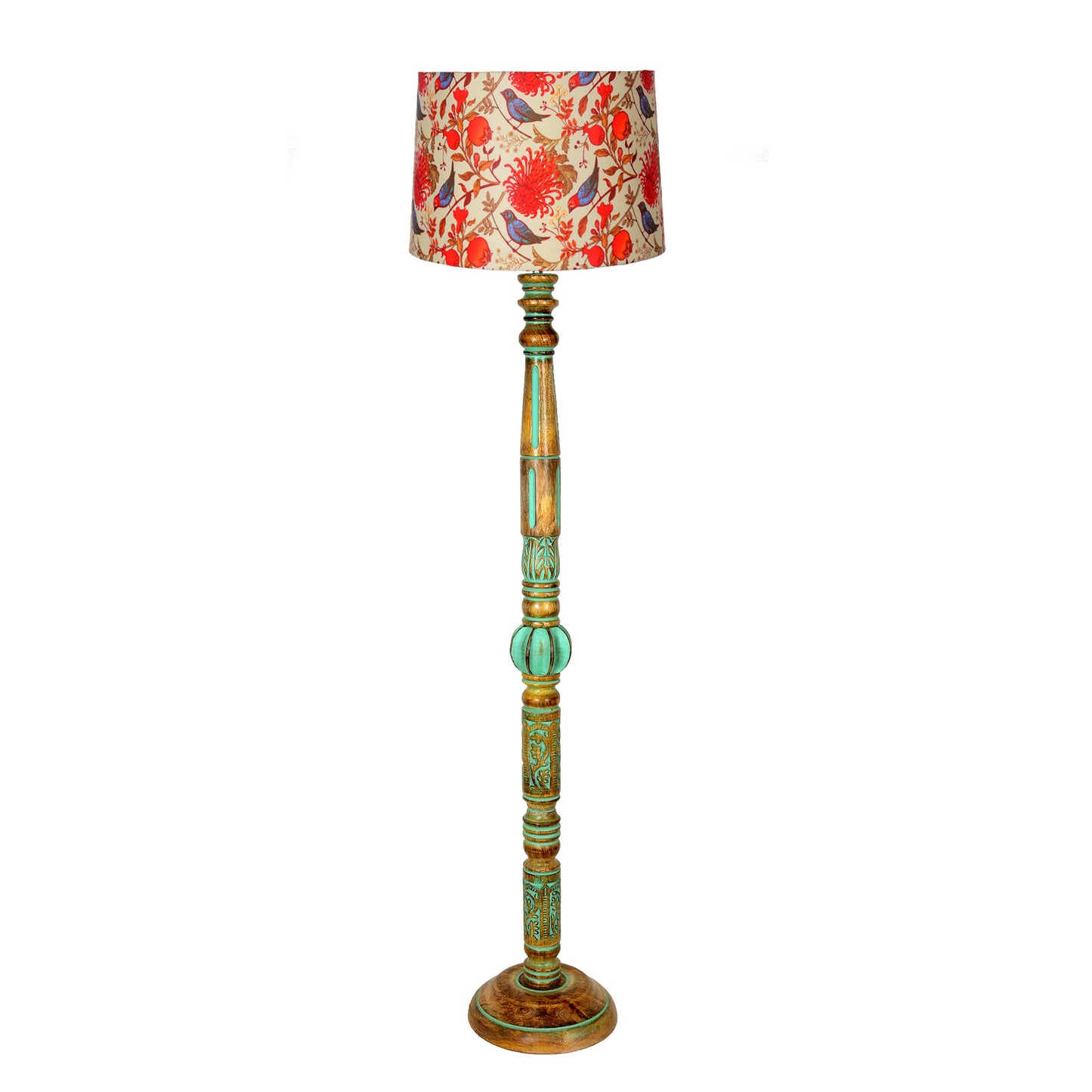 Royal Carving Antique Algae finish wooden floor lamp with Fabric Bird Shade