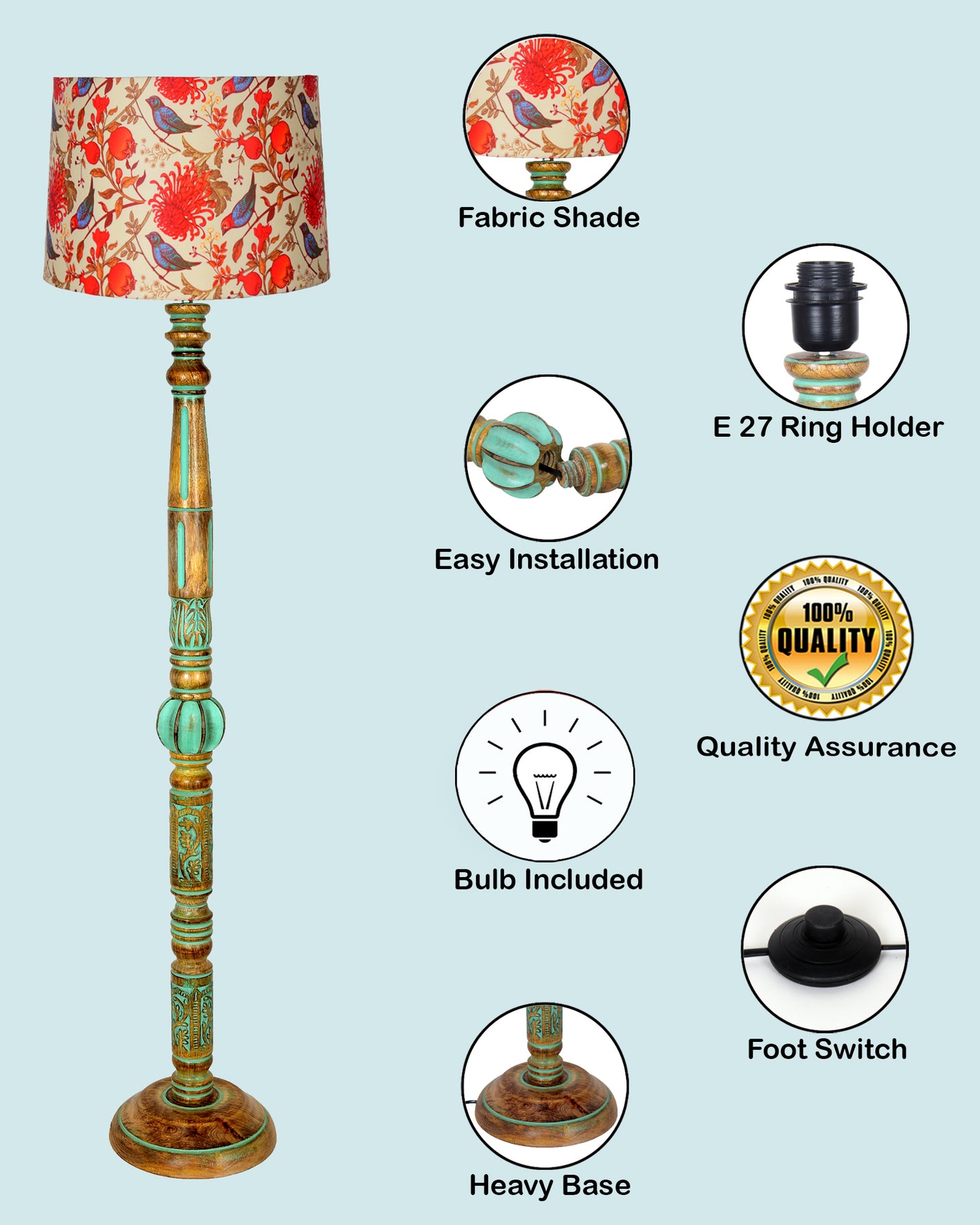 Royal Carving Antique Algae finish wooden floor lamp with Fabric Bird Shade