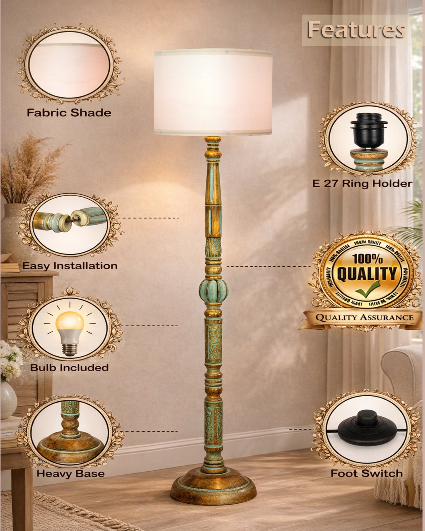 Royal Carving Antique Algae finish wooden floor lamp with Fabric Bird Shade for Beroom, Living room, corner standing lamp