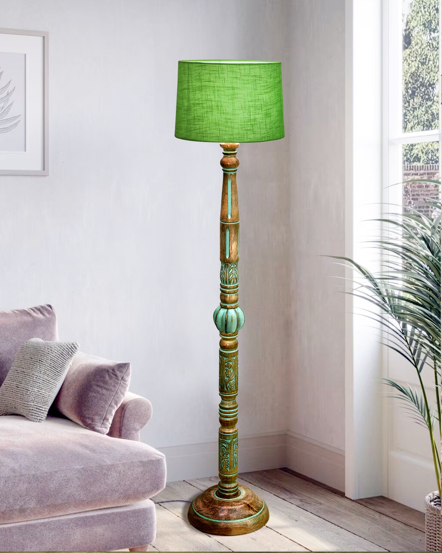 Royal Carving Antique Algae finish wooden floor lamp with Fabric Bird Shade