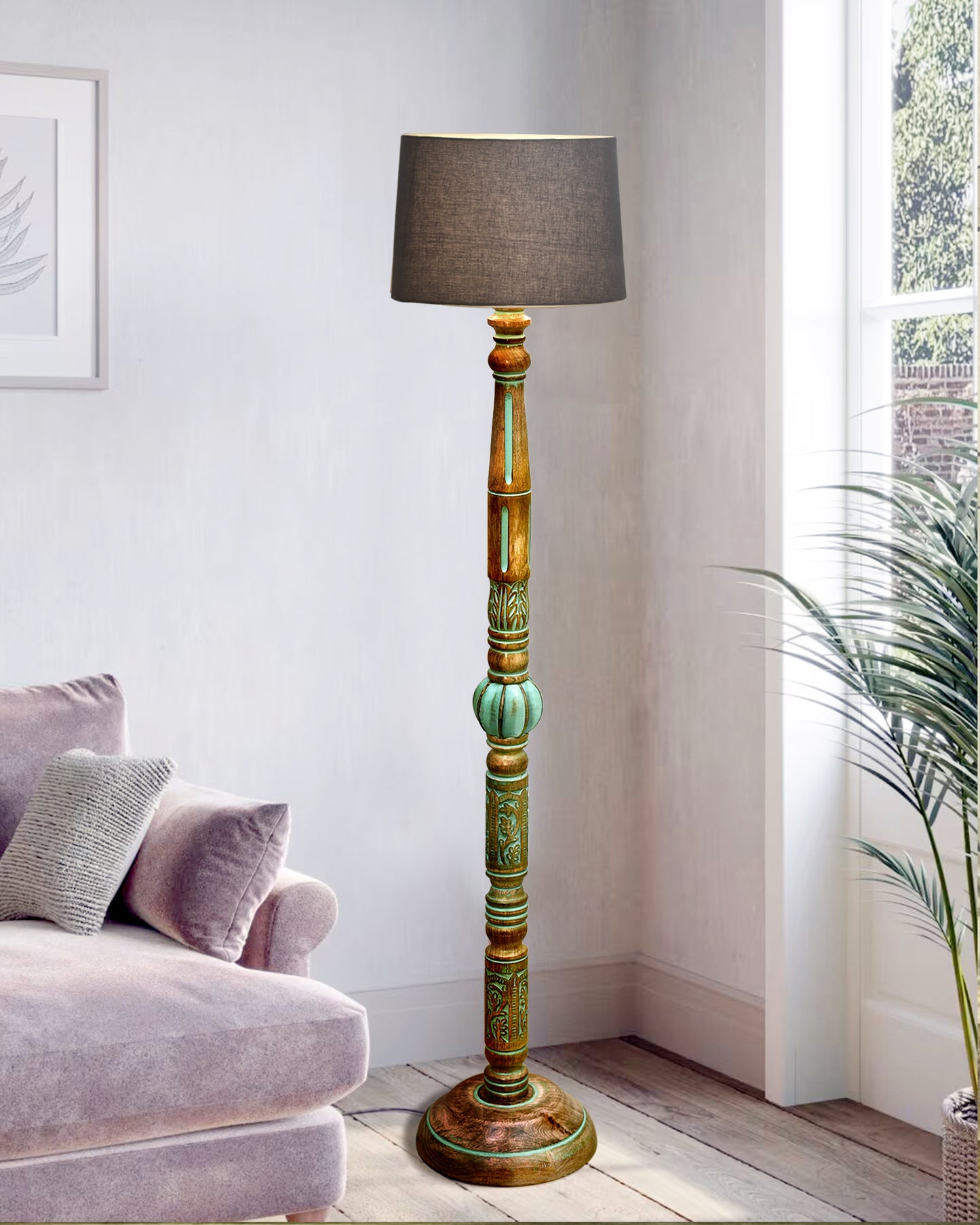 Royal Carving Antique Algae finish wooden floor lamp with Fabric Bird Shade