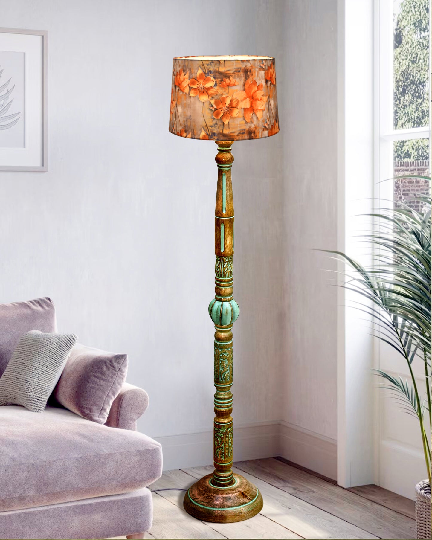 Royal Carving Antique Algae finish wooden floor lamp with Fabric Bird Shade