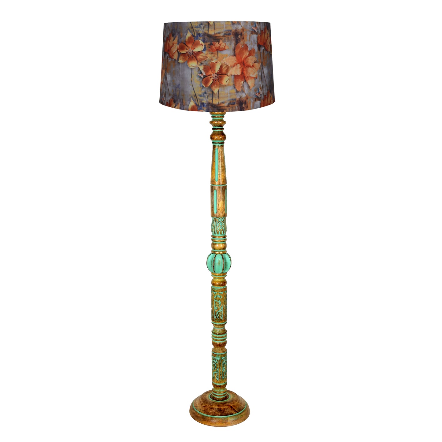 Royal Carving Antique Algae finish wooden floor lamp with Fabric Bird Shade
