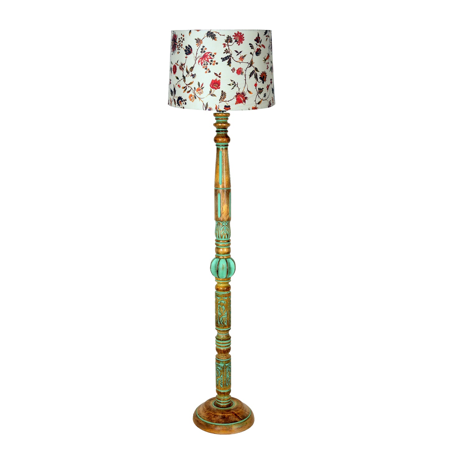 Royal Carving Antique Algae finish wooden floor lamp with Fabric Bird Shade