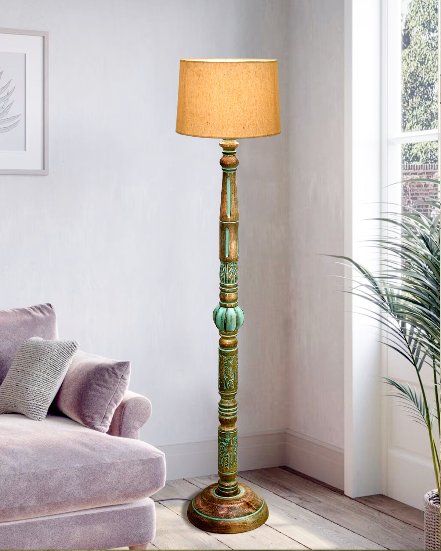 Royal Carving Antique Algae finish wooden floor lamp with Fabric Bird Shade