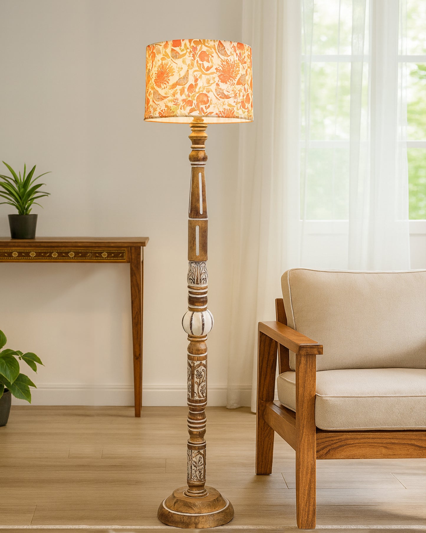 Royal Carving Antique White finish wooden floor lamp with Fabric Bird Shade