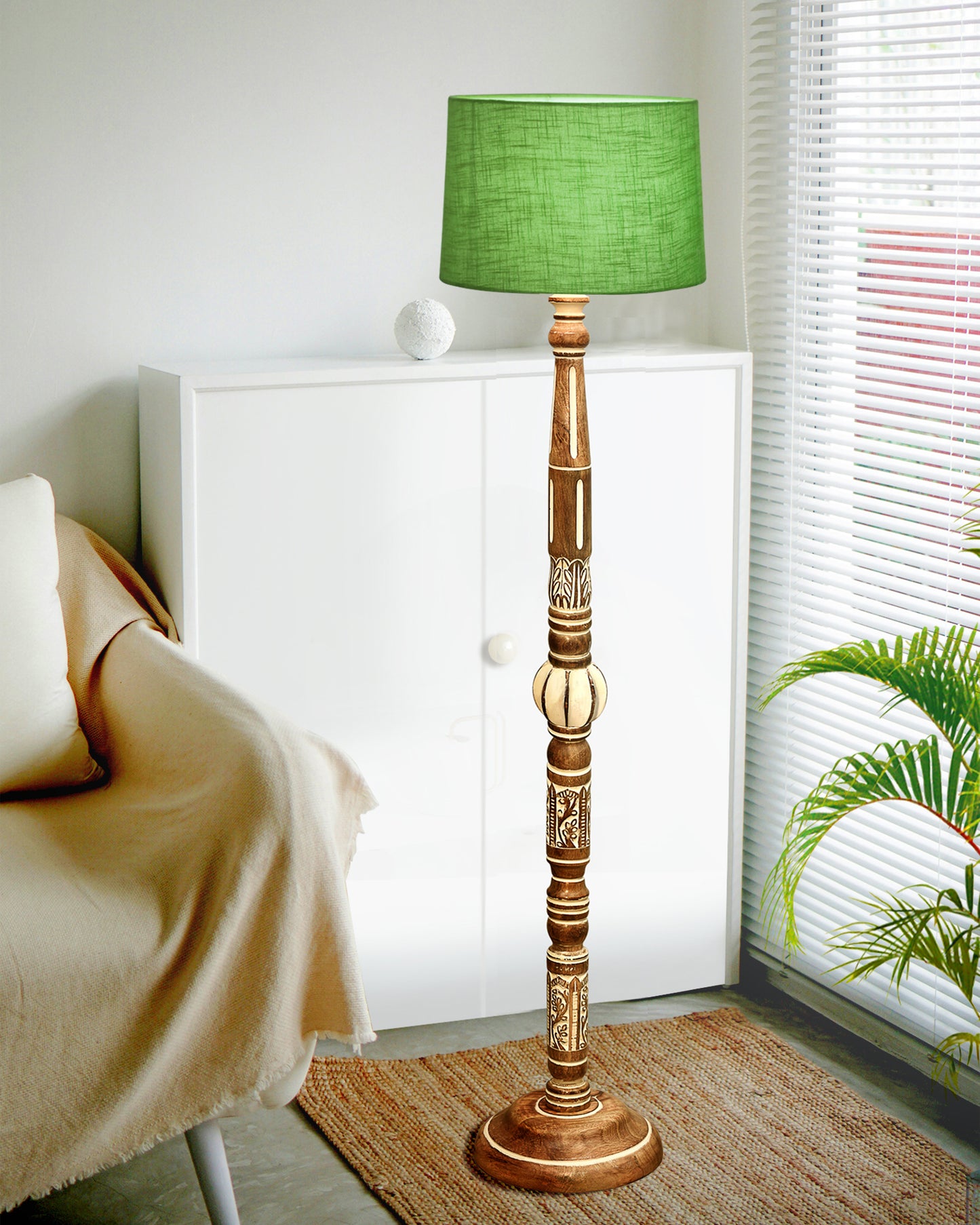 Royal Carving Antique White finish wooden floor lamp with Fabric Bird Shade