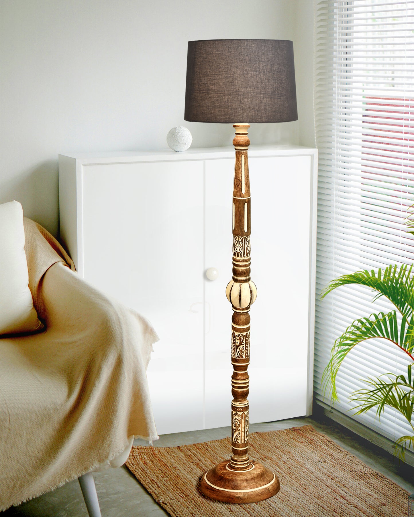 Royal Carving Antique White finish wooden floor lamp with Fabric Bird Shade