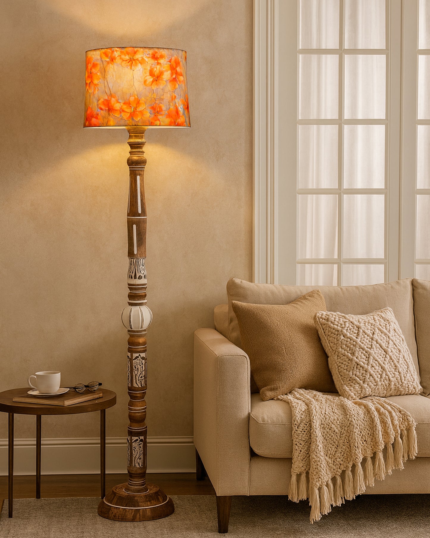 Royal Carving Antique White finish wooden floor lamp with Fabric Bird Shade