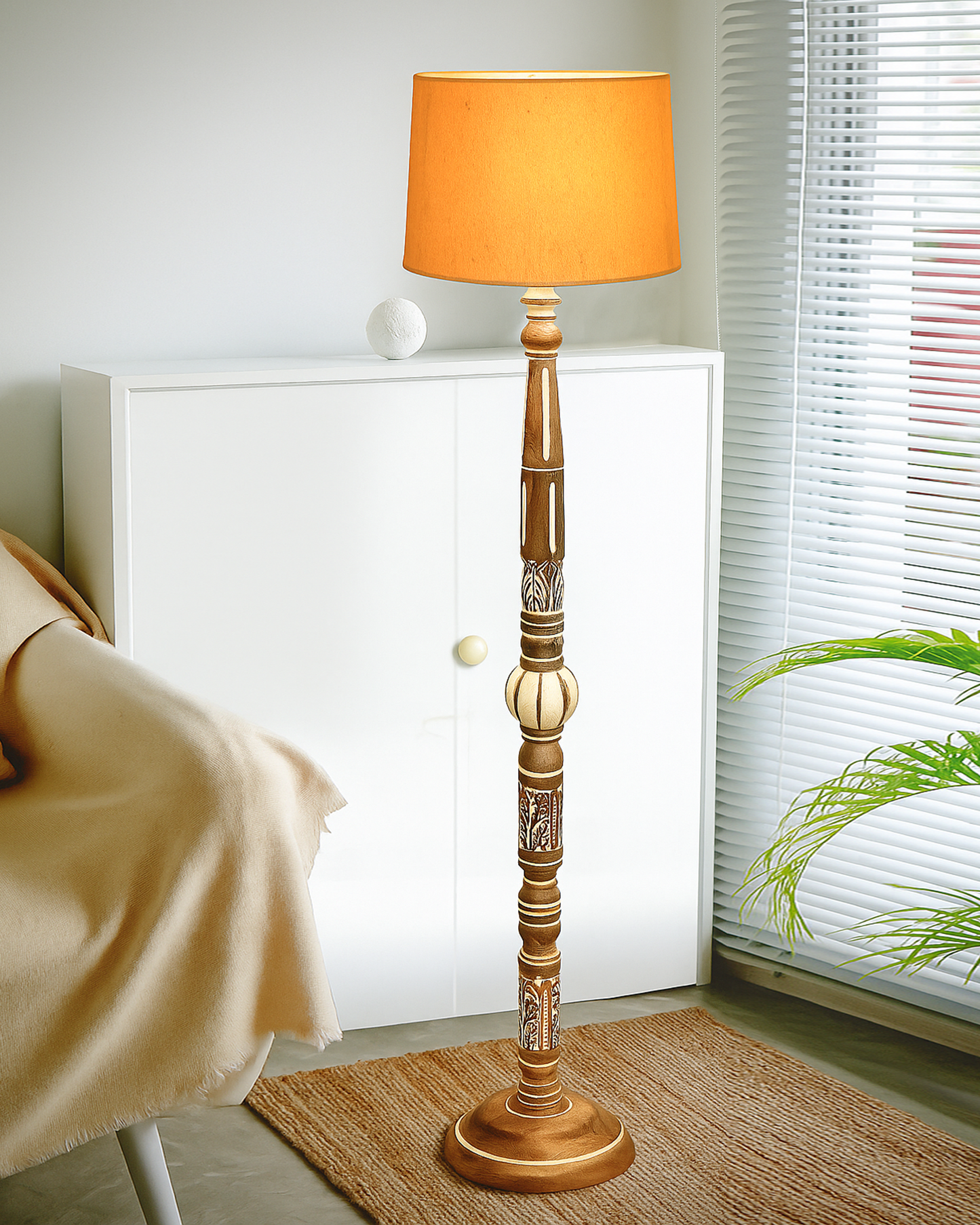 Royal Carving Antique White finish wooden floor lamp with Fabric Bird Shade