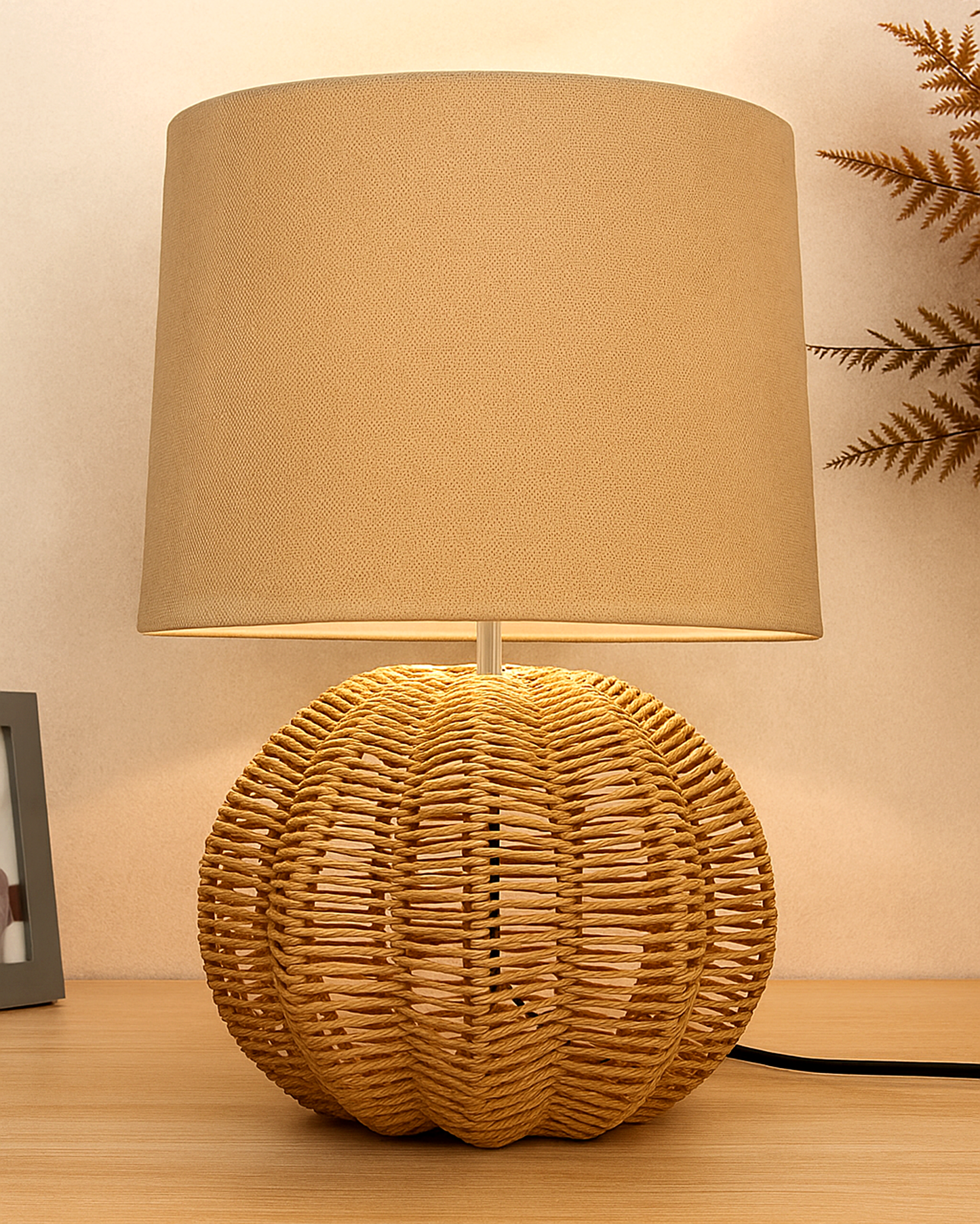 Seagrass Weave Table Lamp Coastal Cottage Bedside Desk Nightstand Lamp for Bedroom Living Room Office College Bookcase Natural Handmade Sphere, Bird Drum