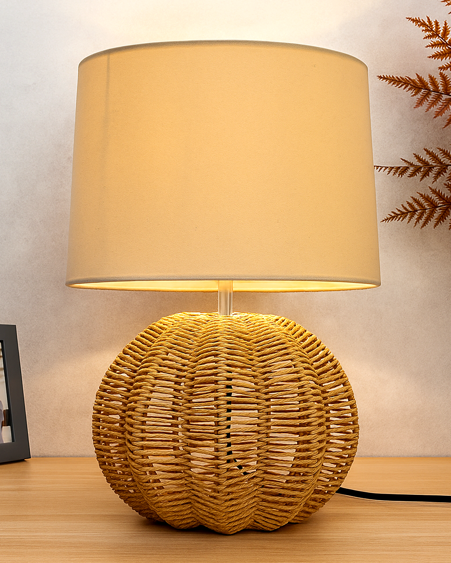 Seagrass Weave Table Lamp Coastal Cottage Bedside Desk Nightstand Lamp for Bedroom Living Room Office College Bookcase Natural Handmade Sphere, Bird Drum