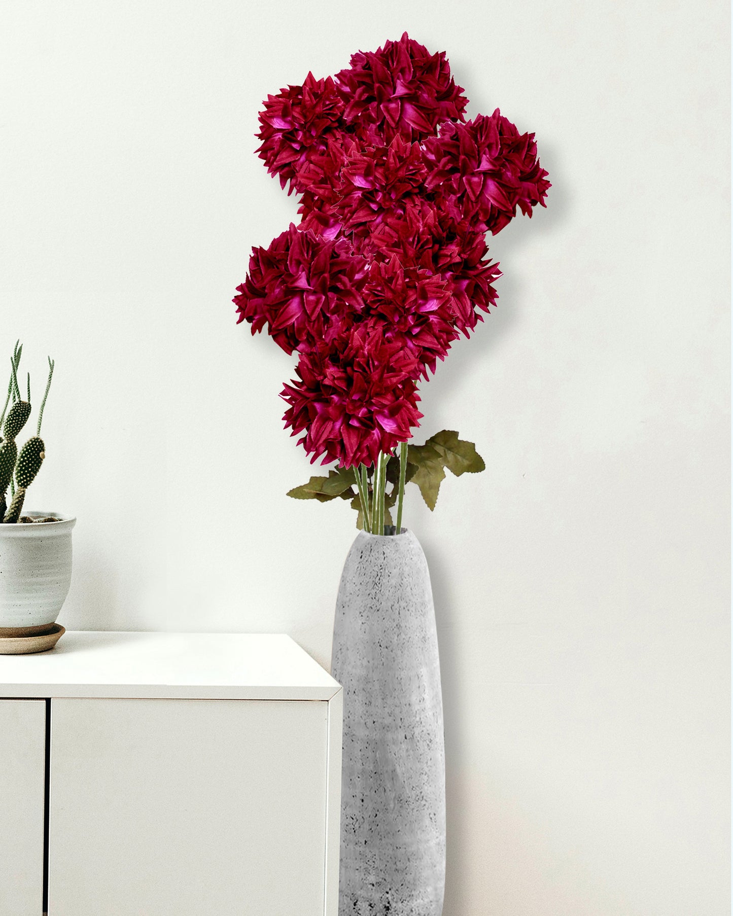 Artificial Long Chrysanthemum  Flower Branches Decor, 26 Inch Faux Large three Dahalia Flowers for Tall Floor Vase Wedding Home Decoration, Synthetic for Dinner Table Centerpiece, set of 2 sticks, Vine Red