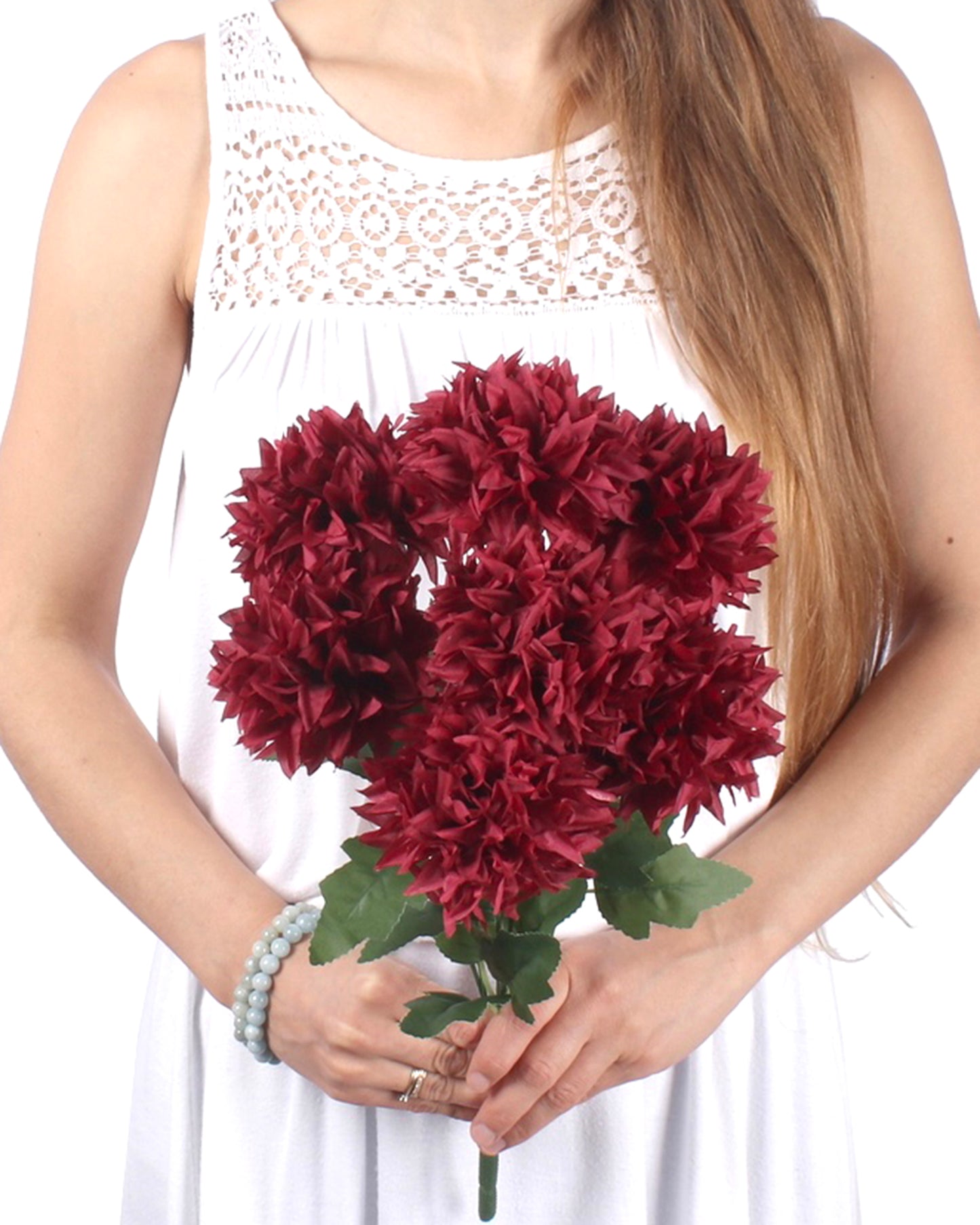 Artificial Long Chrysanthemum  Flower Branches Decor, 26 Inch Faux Large three Dahalia Flowers for Tall Floor Vase Wedding Home Decoration, Synthetic for Dinner Table Centerpiece, set of 2 sticks, Vine Red