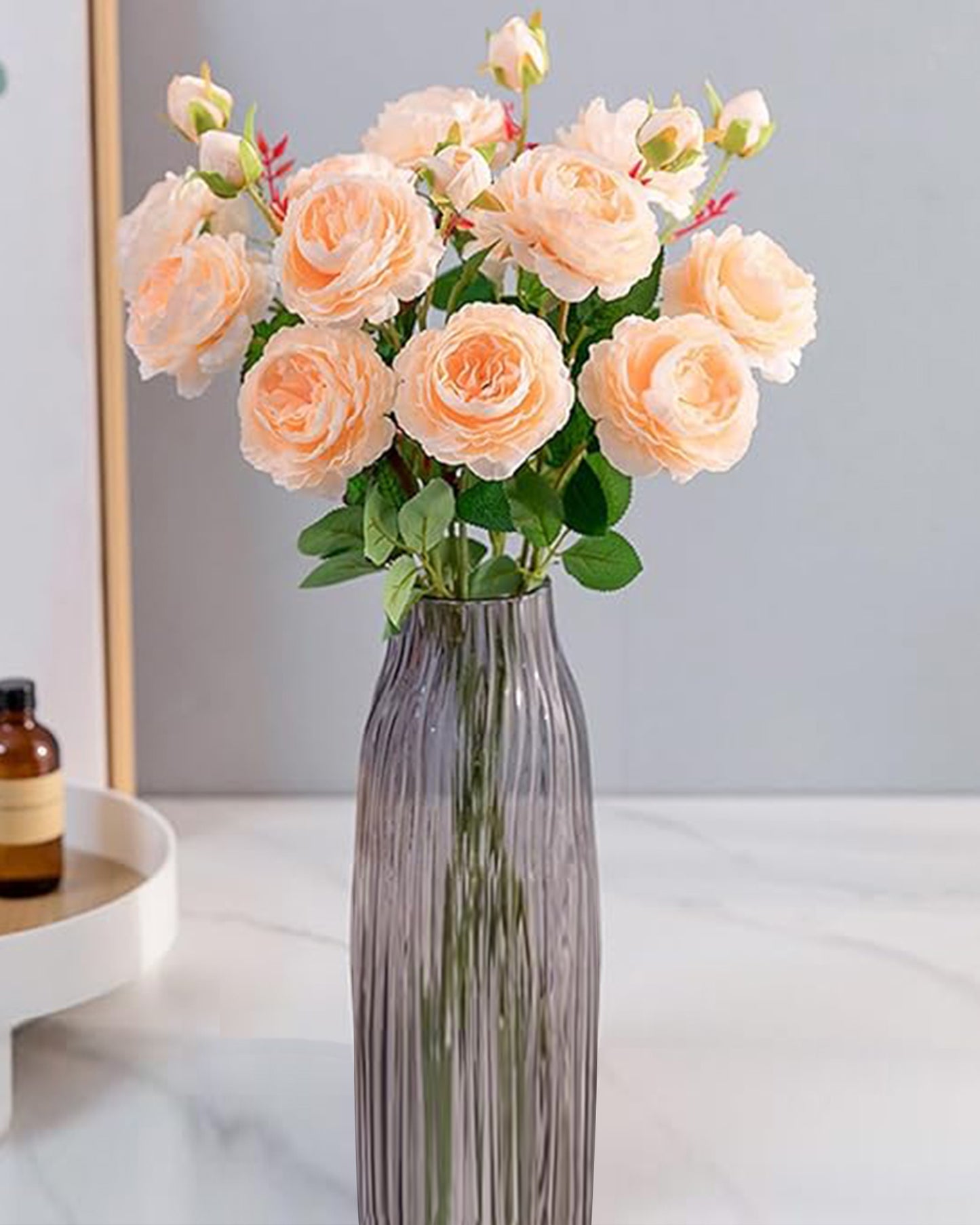 Artificial Faux Fake Flowers Real-Touch Rose Long Stem with Two Head one Buds for Home Kitchen Table Centerpiece Wedding Engagement Office Decorations Valentine’s Day Birthday Gifts, 3 sticks, Orange
