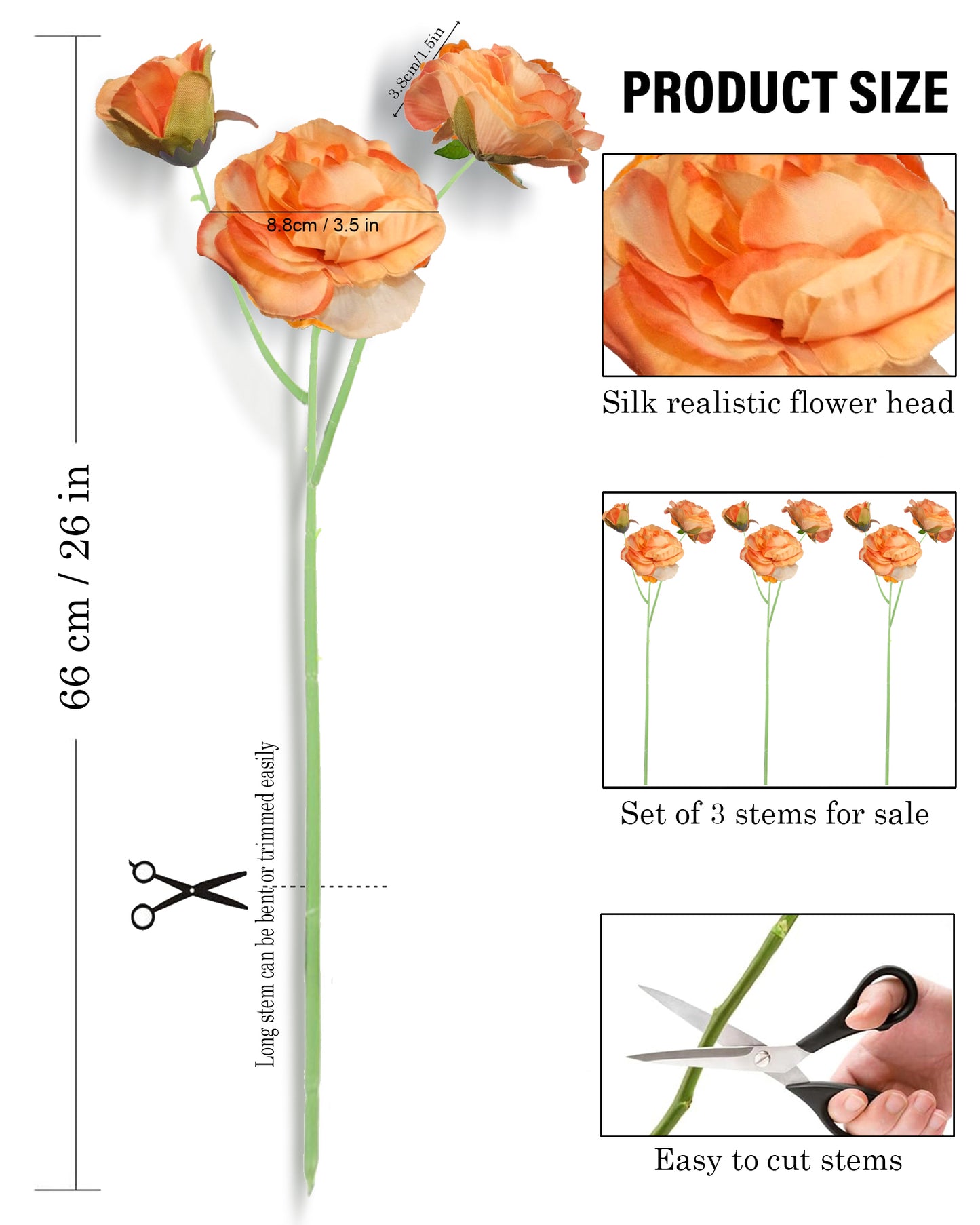 Artificial Faux Fake Flowers Real-Touch Rose Long Stem with Two Head one Buds for Home Kitchen Table Centerpiece Wedding Engagement Office Decorations Valentine’s Day Birthday Gifts, 3 sticks, Orange