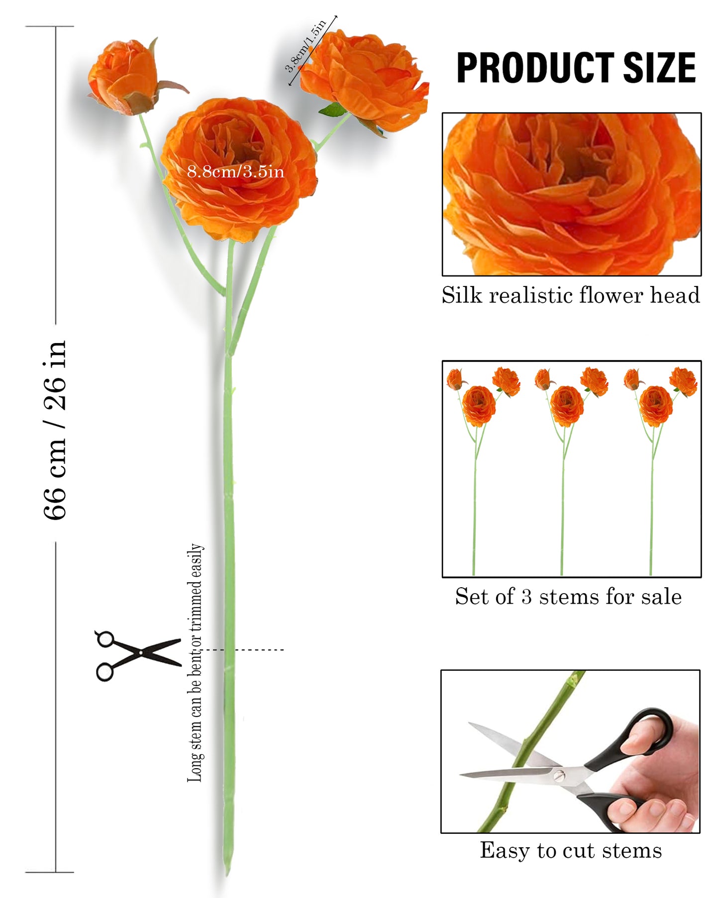 Artificial Faux Fake Flowers Real-Touch Rose Long Stem with Two Head one Buds for Home Kitchen Table Centerpiece Wedding Engagement Office Decorations Valentine’s Day Birthday Gifts, 3 sticks, Orange