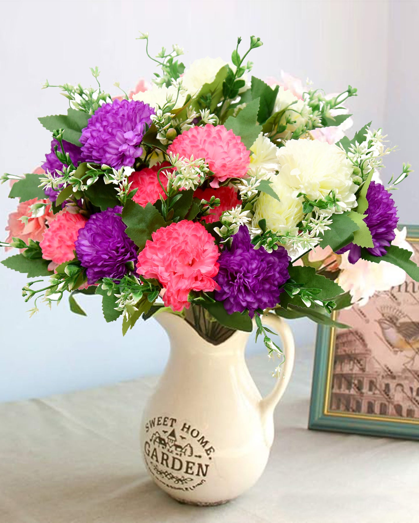 Artificial Chrysanthemum Ball Flowers 14 flowers, 2 sticks Faux Mums Fake Silk Flowers for Bridal Wedding Centerpieces Arrangements Party Home Garden DIY Decor, Pink