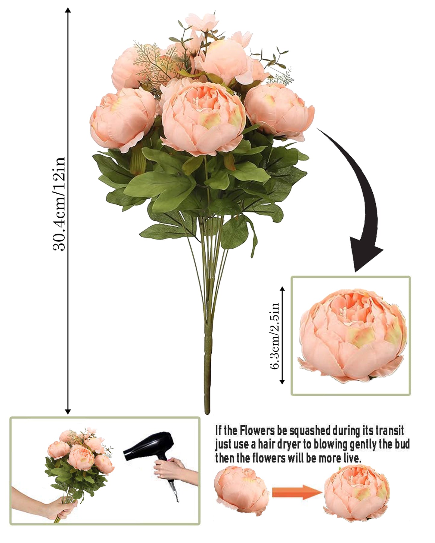 Artificial Flowers Peony Bouquet Silk Rose Vase for Home Decor Garden Wedding Decorative Fake Plants Christmas Garland Material, 12 Flowers, 2 Sticks, Champagne