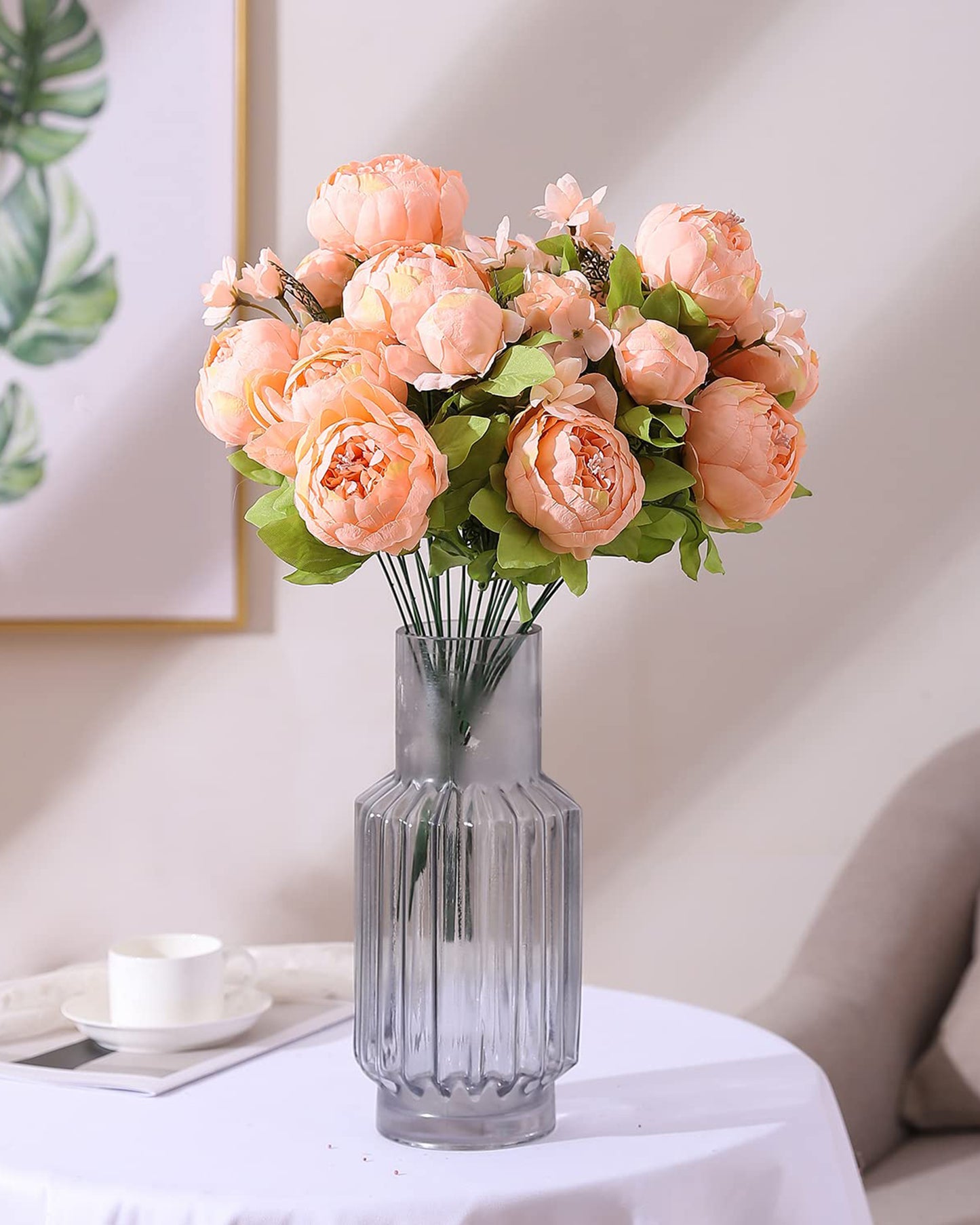 Artificial Flowers Peony Bouquet Silk Rose Vase for Home Decor Garden Wedding Decorative Fake Plants Christmas Garland Material, 12 Flowers, 2 Sticks, Champagne