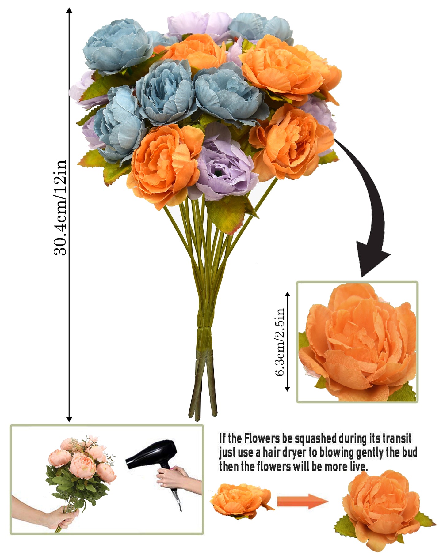 Artificial Flowers Peony Bouquet Silk Rose Vase for Home Decor Garden Wedding Decorative Fake Plants Christmas Garland Material, 12 Flowers, 2 Sticks, Champagne