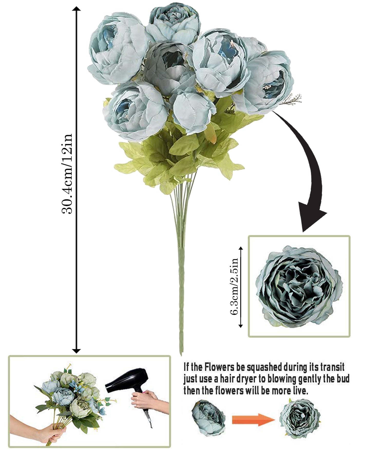 Artificial Flowers Peony Bouquet Silk Rose Vase for Home Decor Garden Wedding Decorative Fake Plants Christmas Garland Material, 12 Flowers, 2 Sticks, Champagne