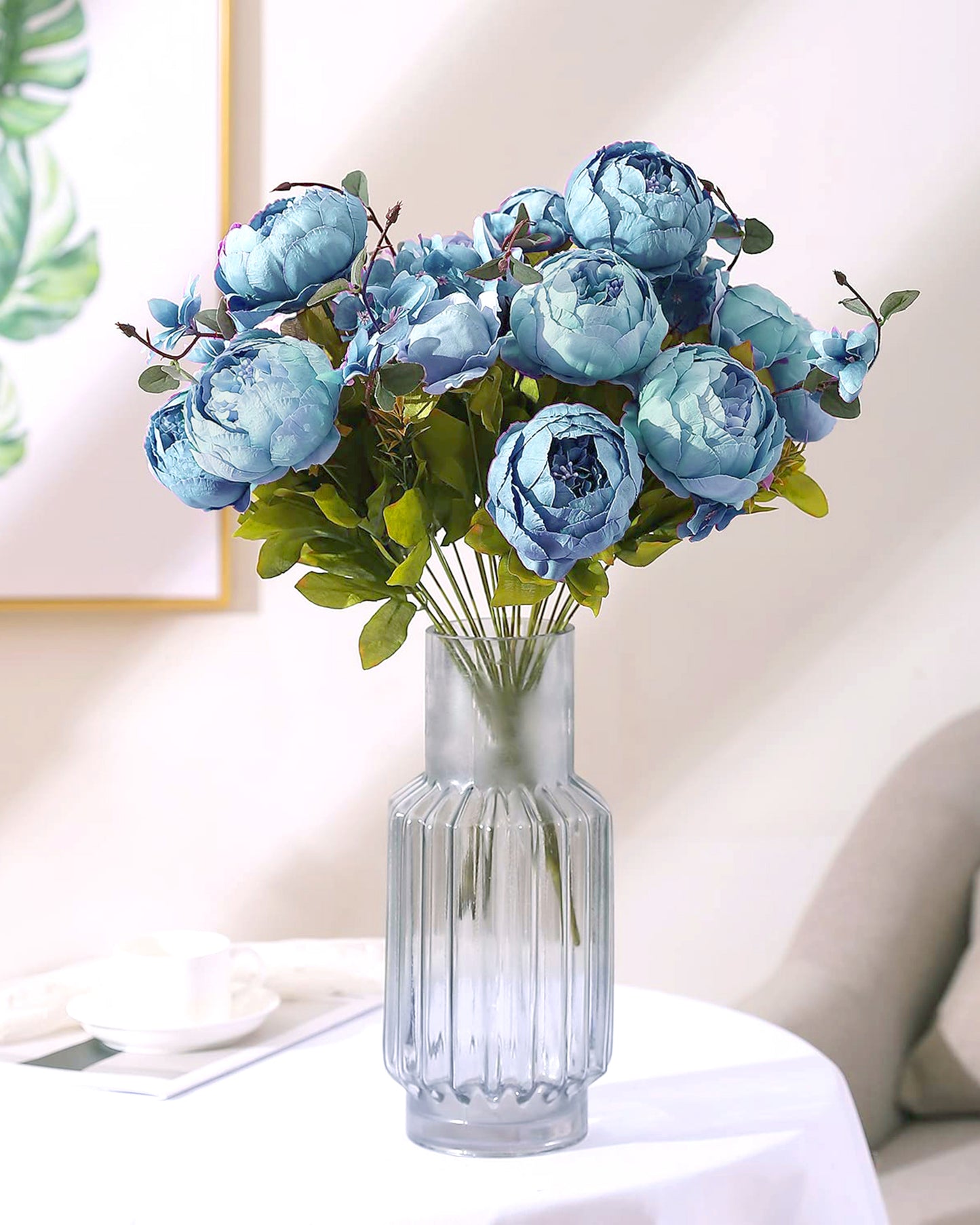 Artificial Flowers Peony Bouquet Silk Rose Vase for Home Decor Garden Wedding Decorative Fake Plants Christmas Garland Material, 12 Flowers, 2 Sticks, Champagne