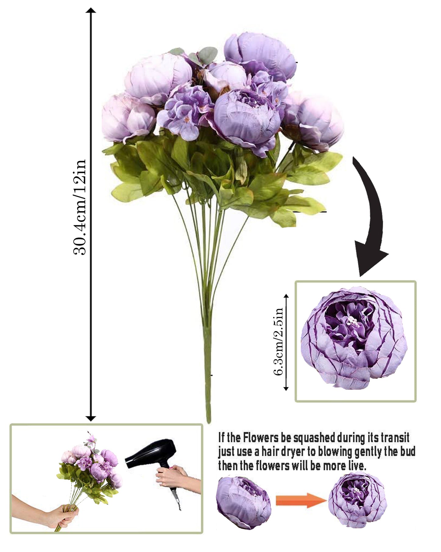 Artificial Flowers Peony Bouquet Silk Rose Vase for Home Decor Garden Wedding Decorative Fake Plants Christmas Garland Material, 12 Flowers, 2 Sticks, Champagne