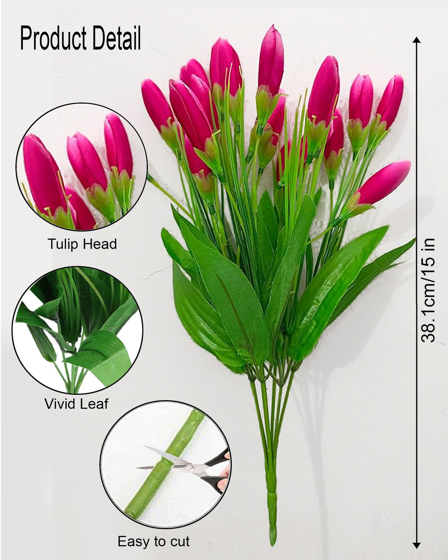 Artificial Tulip Flowers Bunches For Vase Home Decoration Items For Living Room Corner Table Top Bedroom Wedding Party Decorative Gift (Vase Not Included) Silk, 1 binch, 15 Tulips, 34 cm, Pink
