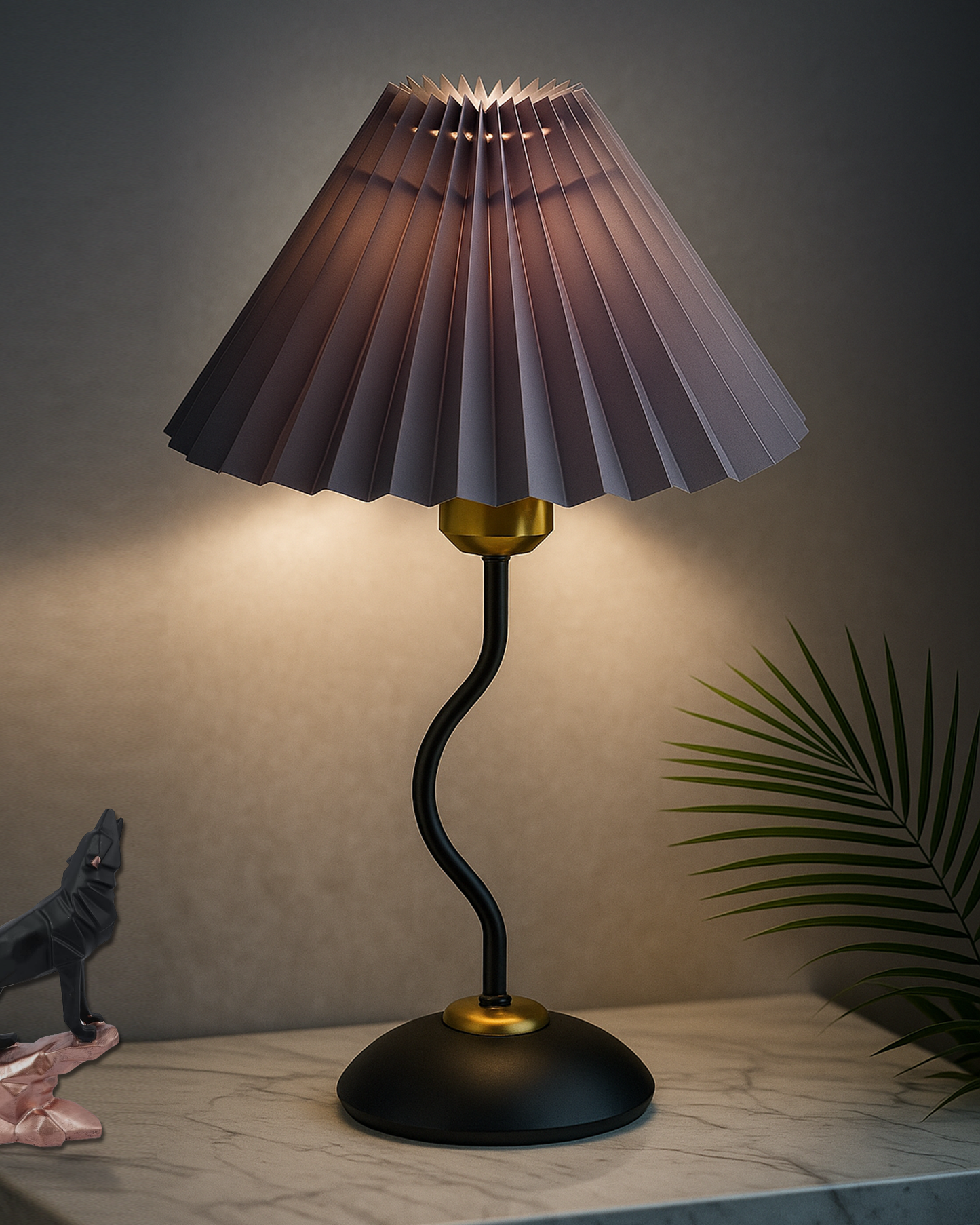 Matt Black Twister Small Pleated Lamp, Modern Bedside Nightstand/Table Lamp with Lampshade, Metal Base for Bedroom, Home Office, Living Room, Kids Dorm, E27 Holder, Pleated Jute Shade