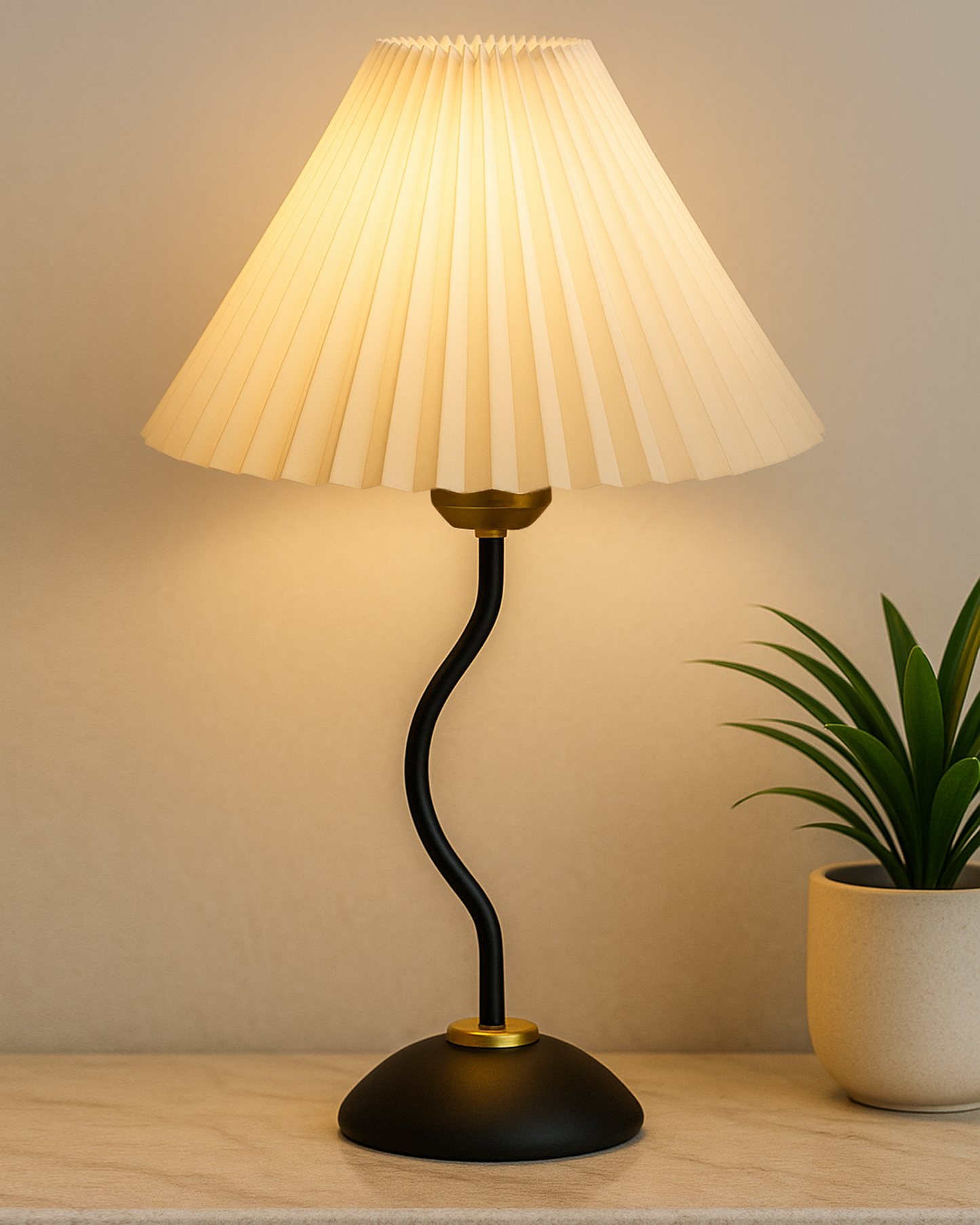 Matt Black Twister Small Pleated Lamp, Modern Bedside Nightstand/Table Lamp with Lampshade, Metal Base for Bedroom, Home Office, Living Room, Kids Dorm, E27 Holder, Pleated Jute Shade