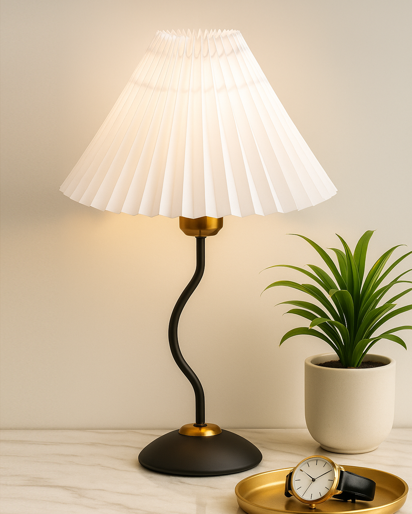 Matt Black Twister Small Pleated Lamp, Modern Bedside Nightstand/Table Lamp with Lampshade, Metal Base for Bedroom, Home Office, Living Room, Kids Dorm, E27 Holder, Pleated Jute Shade