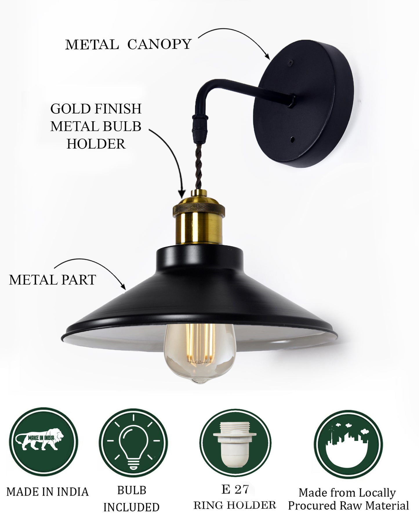 Modern Industrial Wall Sconce, Metal Cone Wall Light Fixture with Golden Holder, 1-Light Painted Wall Lamp for Bedroom, Living Room, Bathroom, Pink