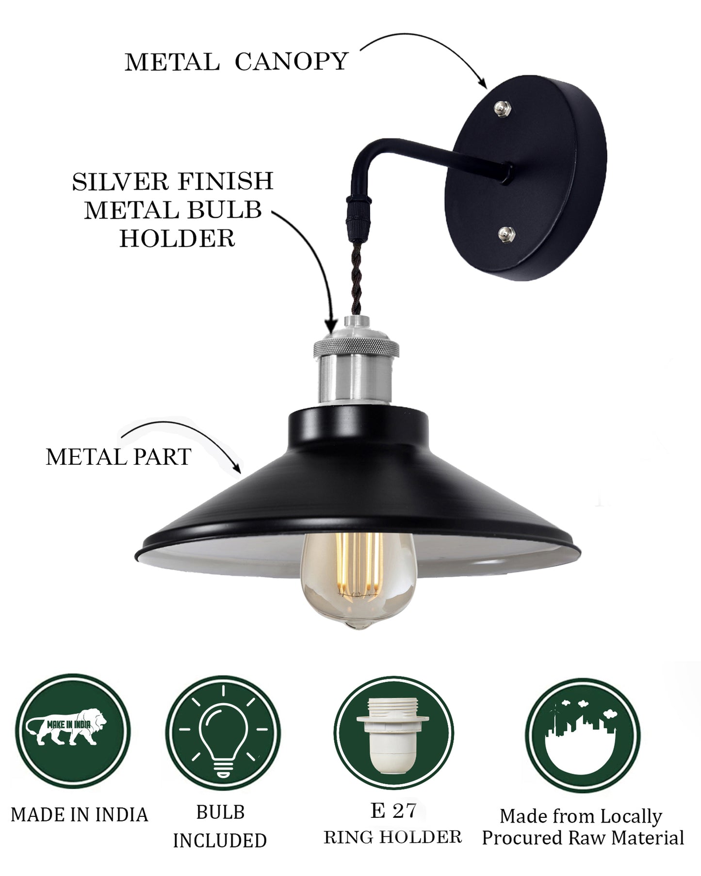 Modern Industrial Wall Sconce, Metal Cone Wall Light Fixture with Golden Holder, 1-Light Painted Wall Lamp for Bedroom, Living Room, Bathroom, Pink