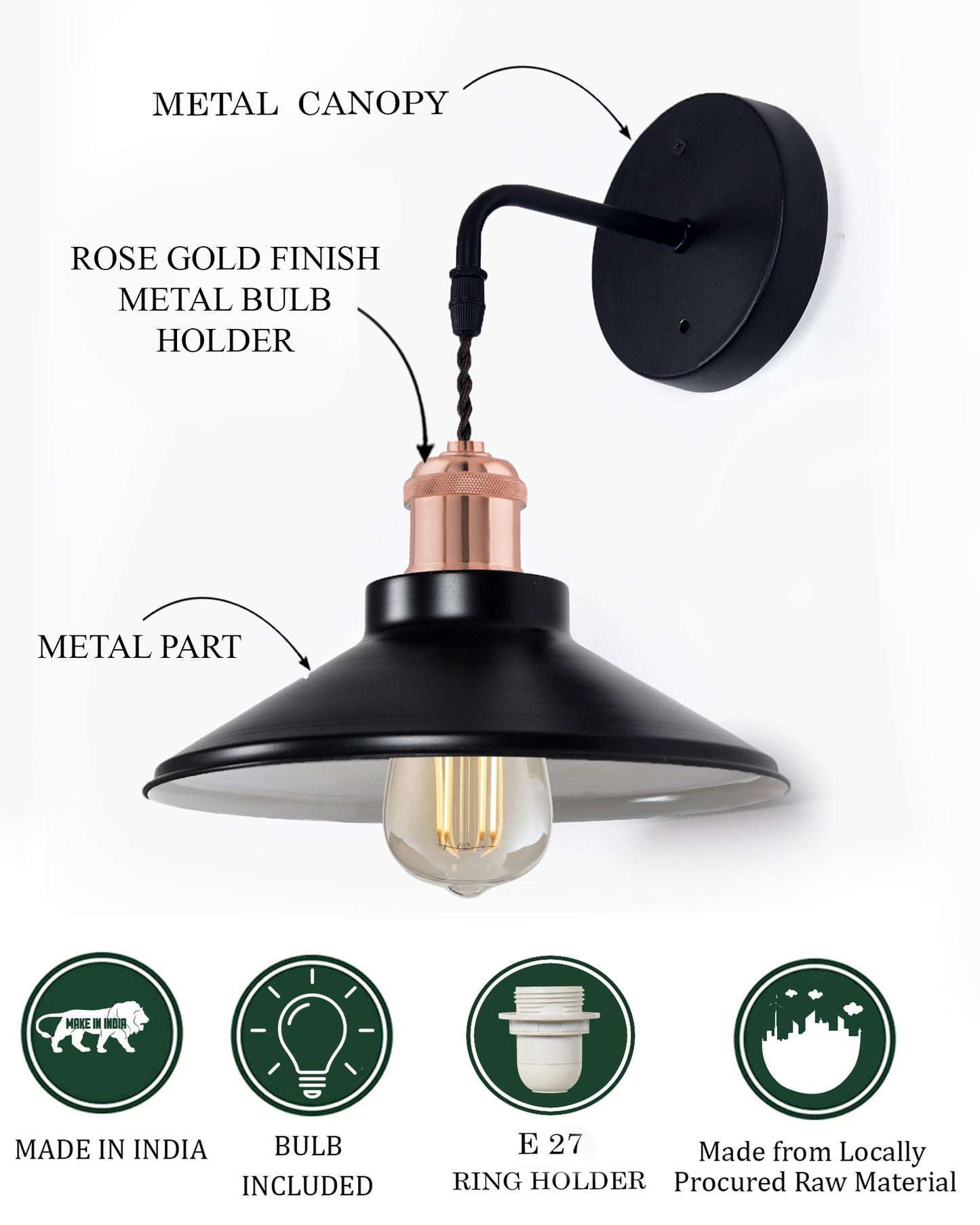 Modern Industrial Wall Sconce, Metal Cone Wall Light Fixture with Golden Holder, 1-Light Painted Wall Lamp for Bedroom, Living Room, Bathroom, Pink