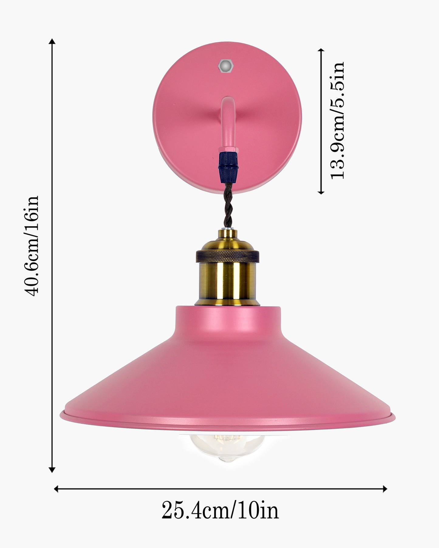 Modern Industrial Wall Sconce, Metal Cone Wall Light Fixture with Golden Holder, 1-Light Painted Wall Lamp for Bedroom, Living Room, Bathroom, Pink