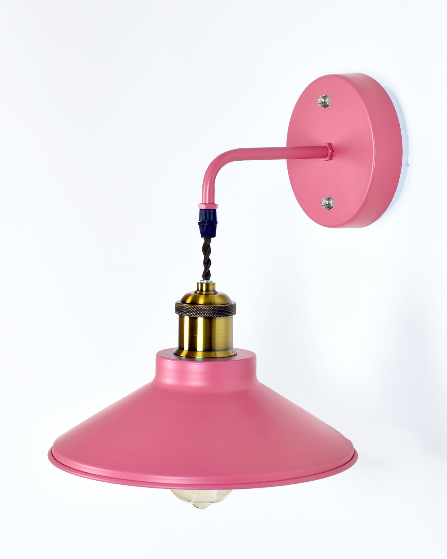 Modern Industrial Wall Sconce, Metal Cone Wall Light Fixture with Golden Holder, 1-Light Painted Wall Lamp for Bedroom, Living Room, Bathroom, Pink