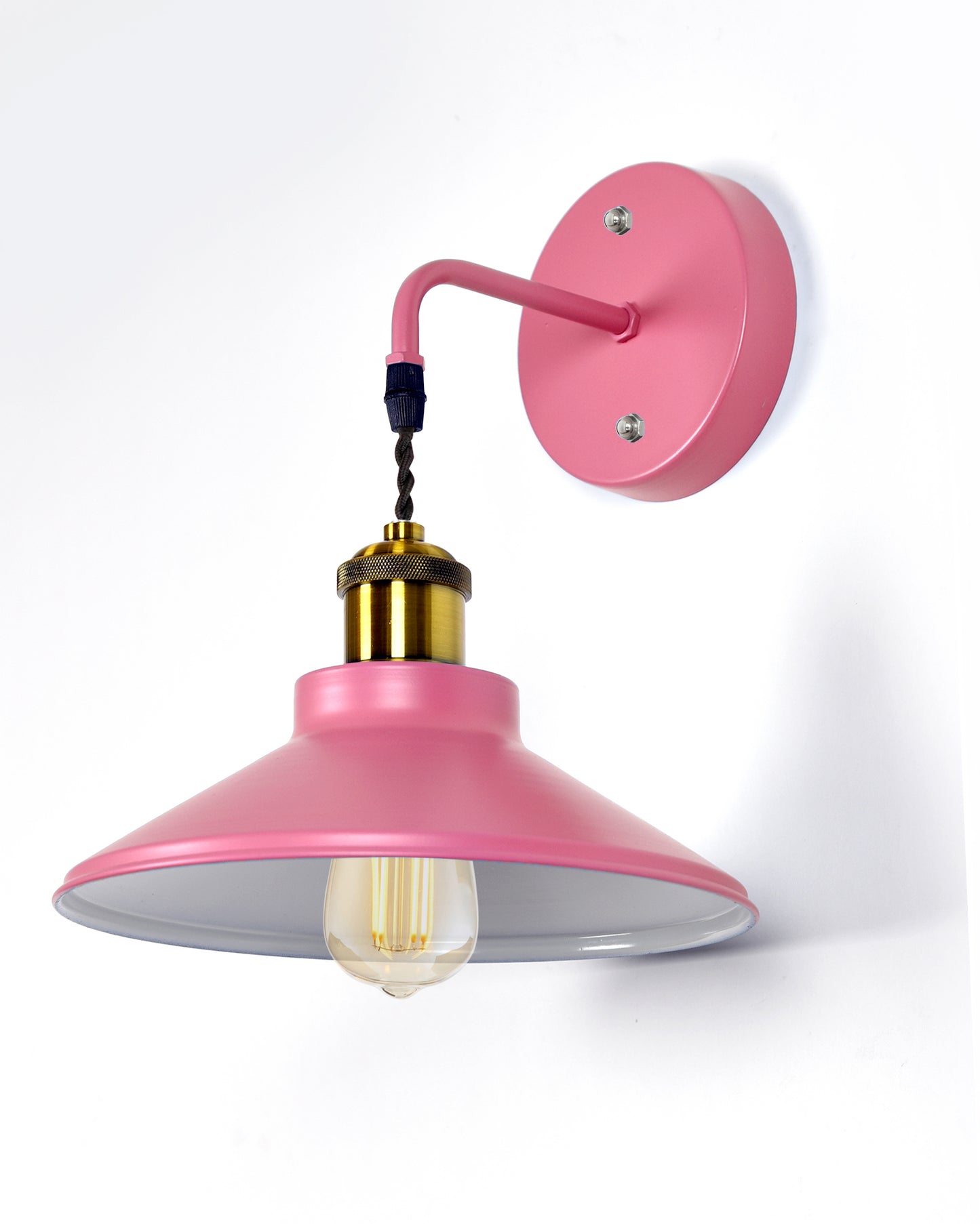 Modern Industrial Wall Sconce, Metal Cone Wall Light Fixture with Golden Holder, 1-Light Painted Wall Lamp for Bedroom, Living Room, Bathroom, Pink